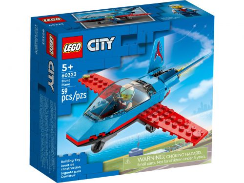 Lego CIty Samolot kaskaderski, numer lego city 60323, 1 minifigurka lego, samolot w kolorach niebieskim z skrzydłami czerwonymi, super szybka lego